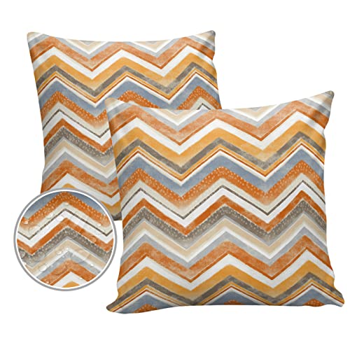 Outdoor Throw Pillow Covers 16x16 Waterproof Geometric Stripes Outdoor Pillows Decorative Pillow Covers Cushion Covers Pillowcase for Tent Patio Garden Couch Set of 2, Ombre Orange Chevron Zigzag