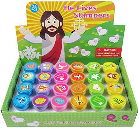 Tiny Mills - 24 sellos con texto en inglés He Lives Jesus para niños, rellenos de huevos de Pascua, cesta de relleno de cesta de premios de escuela