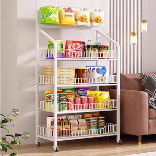 Présentoir à snacks et fruits 4 niveaux : étagère de supermarché blanche compacte
