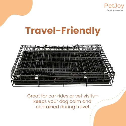 Image of PETJOY Foldable Metal Dog Cage | Dog Crate Kennel for Puppies, Small Dogs, Cats & Rabbits | Single Door with Secure Lock, Removable Leak-Proof Tray | Portable & Easy to Clean Pet Cage (Black, 30 INCH)