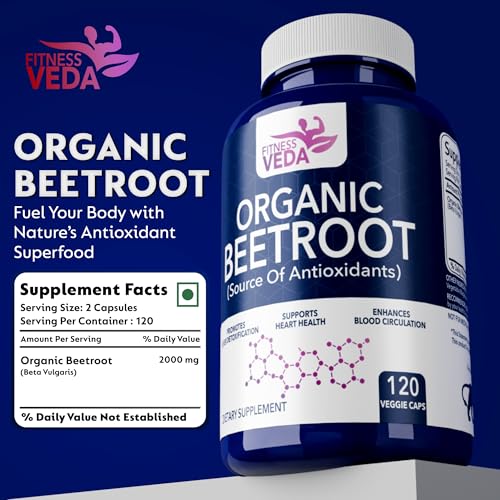 Image of Fitness Veda Organic Beetroot Capsules - 120 Veg Capsules - Heart Health, Blood Pressure & Endurance Support - Rich Antioxidant Capsule - Natural Superfood Supplement - Non-GMO, Gluten-Free