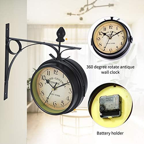 Dyna-Living Double Sided Wall Clock, Outdoor Garden Clock Train Station Clock Vintage Wall Mounted Clock Outdoor Garden 25 * 9 * 22 cm