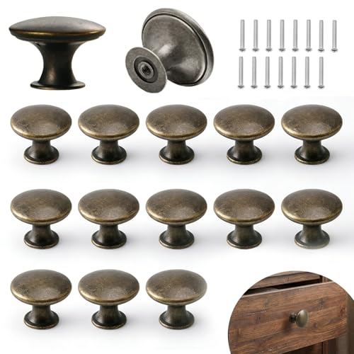 15 Pomos Redondos Vintage Bronce Antiguo | Tiradores para Muebles de Cocina Armario y Cajón | Juego de Perillas 15 Tornillos para Renovar el Hogar, Gabinete, Cajones, Cocina, Baño
