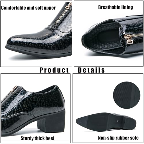 Men's Pointed Toe Chunky Heels Dress Oxford Shoes,Fashion Print Front Zipper Slip on Loafers Patent Leather Low Top Chelsea Business Formal Derby Shoes2