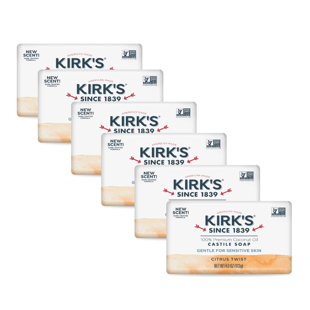 Kirk's Castile Bar Soap for Men, Women & Children - Made with Premium Coconut Oil, Sensitive Skin Formula- Vegan & Non GMO- Citrus Twist- 4 oz. Bars 6 Pack