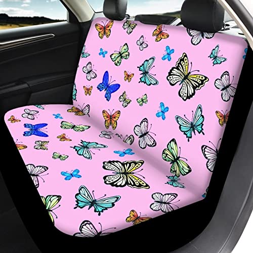 Image of Muti-Color Butterfly Print Pink Seat Covers for Cars Full Set Elastic Durable Non Slip Two Front Seat Cover Rear Bench Universal Car Seat Protector Fit Trucks SUV Comfort Soft Automotive Seat Cover