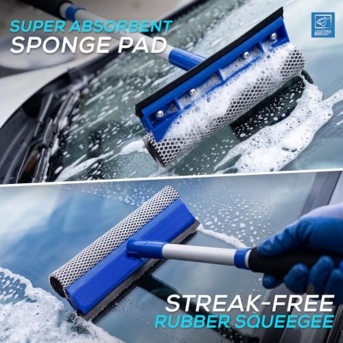 Image of 2 in 1 Telescopic Window Squeegee with Durable Squeegee Blade and Sponge Attachment - Window Cleaning Kit Perfect to Use as Shower Cleaner Squeegee, Window Cleaner & Car Window Squeegee