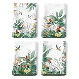 Arquiel Küchentücher Baumwolle 4 Stück, Geschirrtücher 100% Baumwolle Tropische Pflanzen Blumen Vögel Küchenhandtuch Set Multi-Purpose Hochwertige Küche Trockentuch Bar Handtücher 48 x 70CM