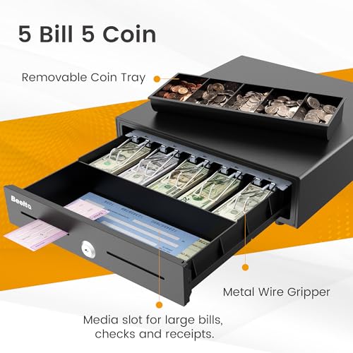 Beelta 16\" Heavy Duty Cash Drawer Auto Open – 5 Bill/5 Coin with Emergency Switch – RJ11/12 Compatible with Square, Clover, Epson Printers BK1616E
