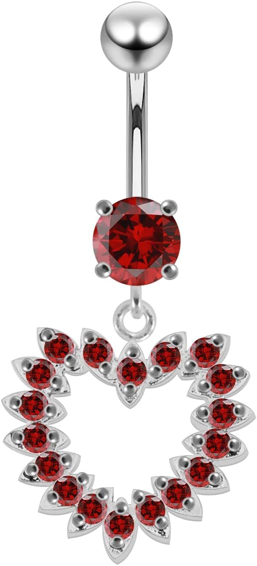 Fancy Studded Heart Dangling Design 925 Sterling Silver with Stainless Steel Belly Ring - Belly Button jewelry - Navel jewelry