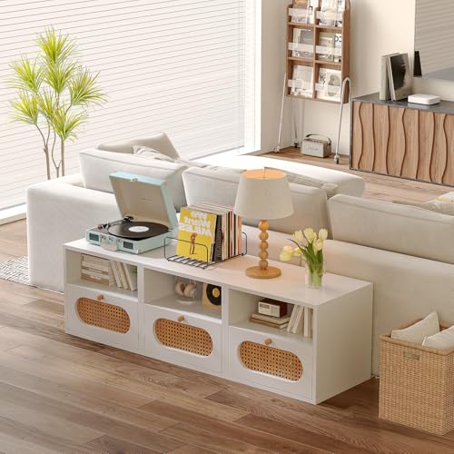 FurniNova 3-in-1 Modular TV Stand with Rattan Doors, DIY Media Console Boho Entertainment Center Modern TV Cabinet with Open Shelves,White - Image 6