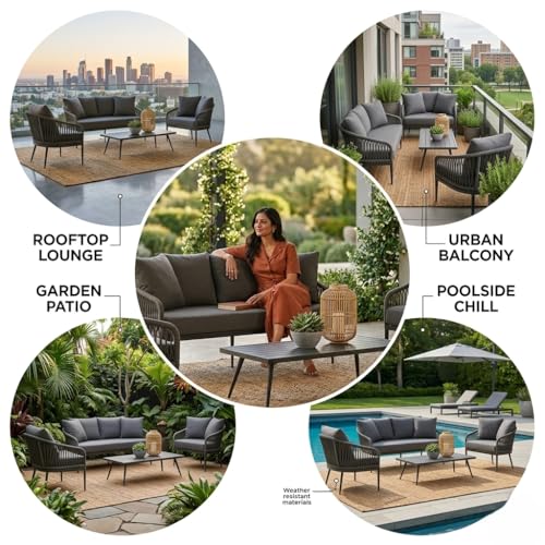 Image of LOCCUS Outdoor 5 Seater Rope Woven Patio Sofa Set with Center Table - All-Weather Conversation Set for Balcony, Garden, Terrace & Poolside | Waterproof UV-Resistant Patio Furniture Set (Grey)
