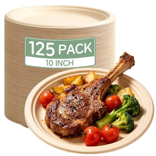 ECOEXTRA 10 Inch [125 Pack] Compostable Paper Plates Disposable Paper Plates Heavy Duty Made of Natural Sugarcane Fibers for Party Home Picnic Brown