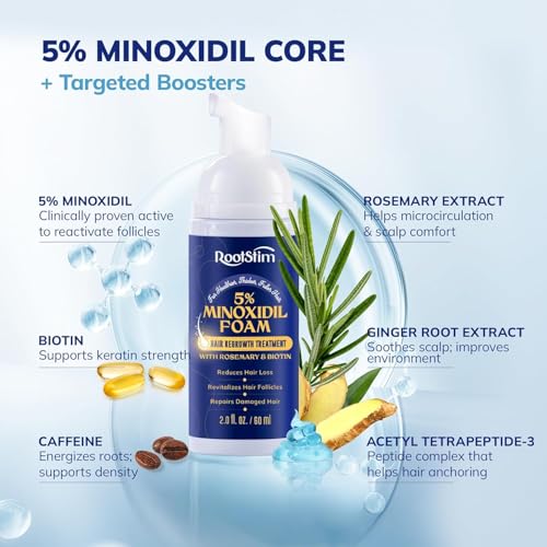 RootStim 5% Minoxidil Foam for men and women, Extra Strength Hair Regrowth Treatment for Thinning Hair and Hair Loss, Hair Follicle Health – Thicker, Fuller Hair Growth Solution 6 FL.OZ