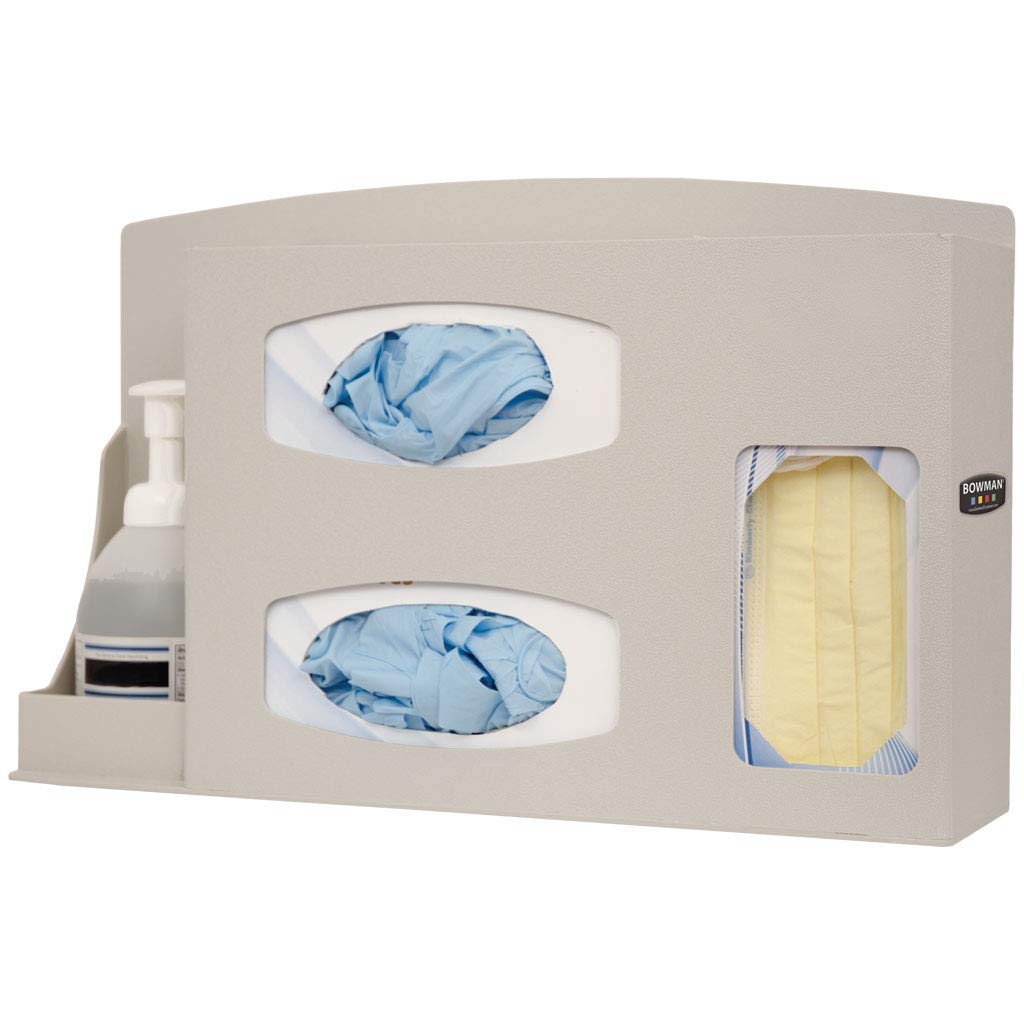 Infection Prevention Station: Holds 1 Bottle sanitizer, 2 Gloves, and 1 mask. Keyholes for Wall mounting, Place on Counter, or Mount to Bowman® Floor Stand Quartz Beige Dims: 4.5”L x 18.5”W x 11.63”H