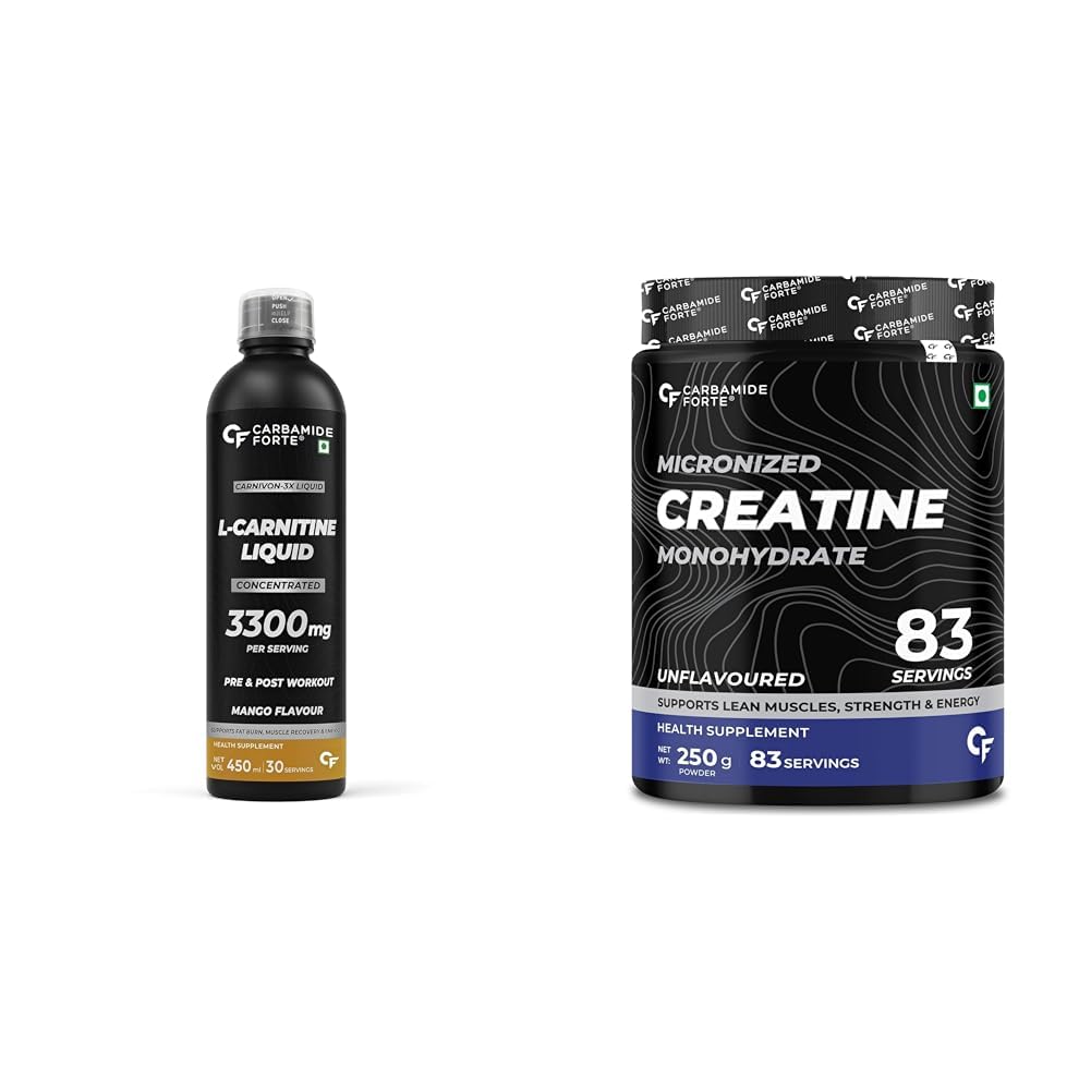 Carbamide Forte L Carnitine Liquid Pre & Post Workout Supplement & Creatine Mono Hydrate Powder For Lean Muscle Volumization | 30 Serving 450ml Liquid + 83 Serving Unflavoured Powder-image-19