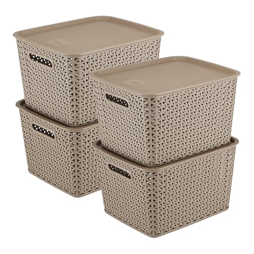 Image of KOLORR Royal Baskets 4 Large Basket with 4 Lid - LT Brown | stackable| easy to clean | strong and durable | BPA free | Multipurpose Plastic Storage Basket, Rectangular