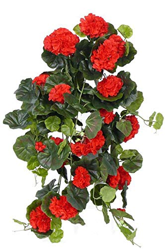artplants.de Gerani Pendenti Decorativi Anton su Gambo Artificiale, 130 Foglie, Rosso, 65cm, Ø 35cm - Composizione Floreale/Gerani Artificiali