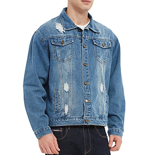 Ccsyus Men's Denim Trucker Jacket Distressed Ripped Motorcycle Slim Fit Blue Jean Jackets Coat #TOP3