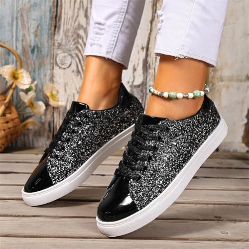 Baskets à paillettes femme légères et confortables avec détails vernis noirs