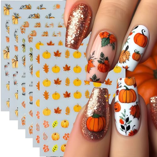 6 Sheets Fall Nail Stickers Thanksgiving Nail Decals 3D Self-Adhesive