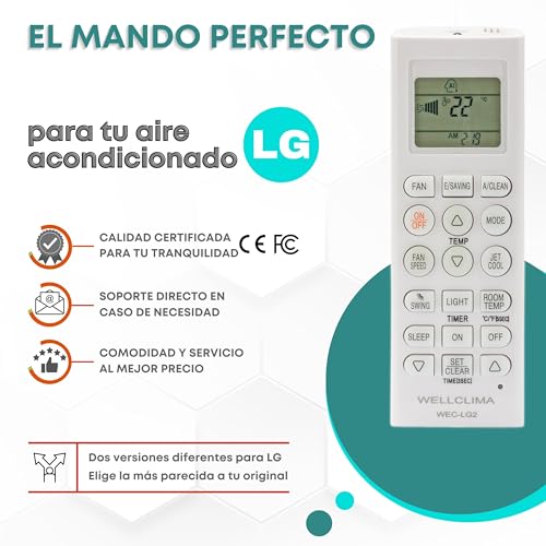 Miniatura 6 de Wellclima Mando A Distancia Universal Para Aires Acondicionados Lg, Wec-Lg2, Compatible Con Todos Los Modelos, Listo Para Usar, Diseño De Mandos Recientes, Teclas Especiales, Manual En 6 Idiomas