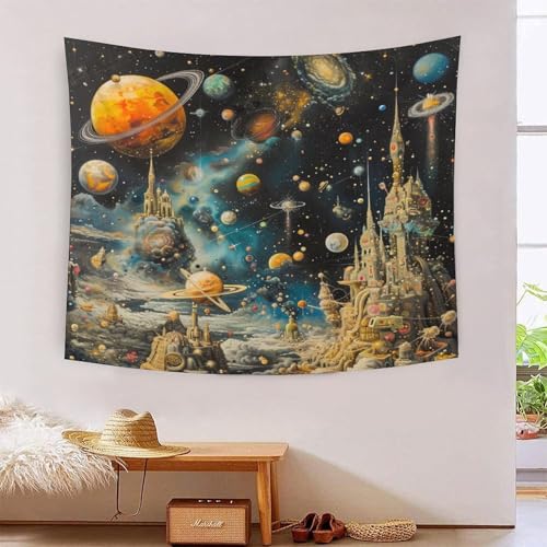 Tapisserie planètes cosmiques 3D pour décorer un grand salon
