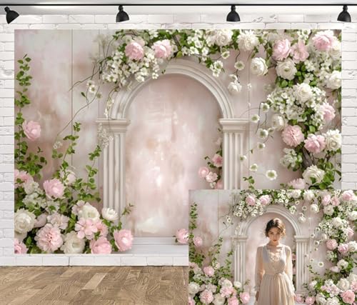 Spring Backdrop 10x8ft Floral Arch Scene with Pink White Flowers