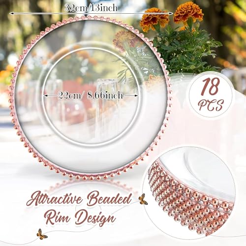 50 PCS Clear Charger Plates with Beaded Rim 13 Inch Plastic Round Charger Plates Bulk Acrylic Round Dinner Plate Chargers Decorative Plates for Home Kitchen Party Wedding Tabletop Decor(Rose Gold)