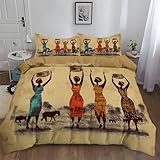 200 x 200 cm Juego de Cama Cúrcuma Mujeres Africanas Animales Nostalgia Funda nórdica con 2 Fundas de Almohada con Estampado de Cama de Microfibra para Adultos, niños y niñas