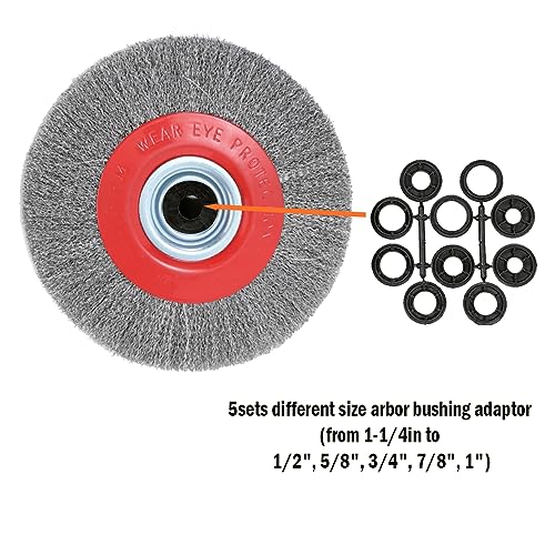Image of 8in Bench Wire Wheel Brush for Bench Grinder Coarse Crimped Steel Wire 0.012 inch with 1 /2 inch 5 /8 inch 3 /4 inch 7 /8 inch 1 inch(5sets) Spacer Arbors - 1pack