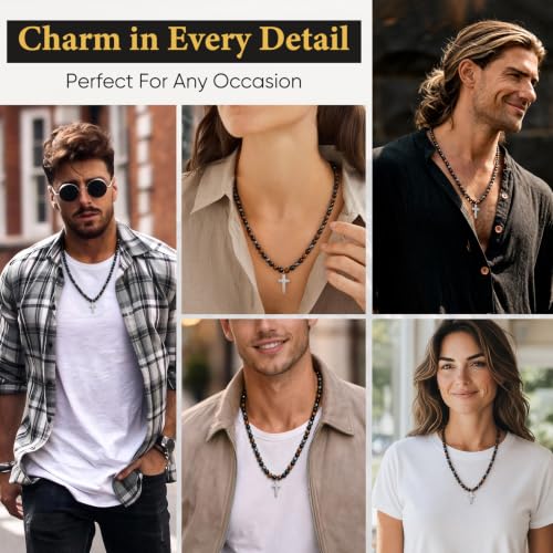 Beaded Cross Necklace Gifts for Men - Triple Protection Black Onyx Obsidian Tiger Eye Natural Stone Necklace Stainless Steel Cross Pendant Stress Relief Balance Faith Jewelry Gifts for Husband Dad Son - image 7