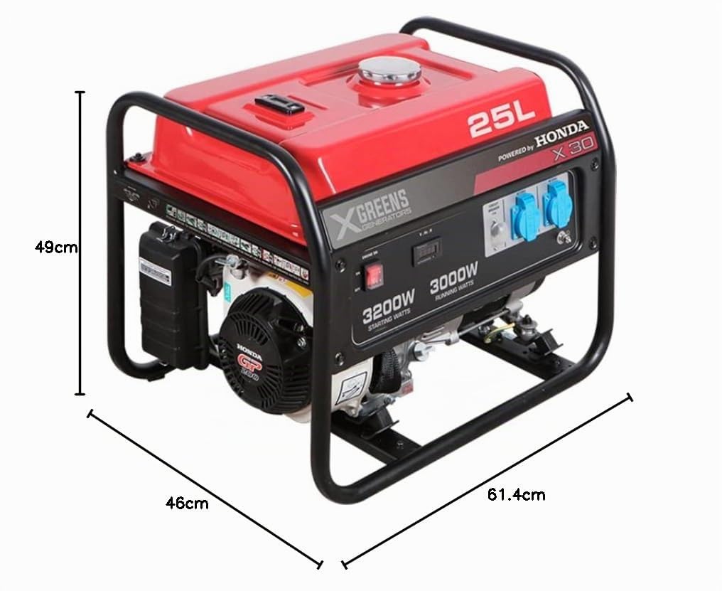 Generador de corriente (gasolina) X30 (máx. 3.000W, depósito 25 l, AVR, Powered by Honda, alerta aceite, monofásico, 2 tomas 230V, protección térmica y panel digital)