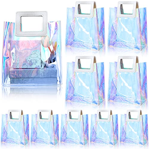Cindeer 20 Pack Iridescent Gift Bags with Handles Clear Holographic Tote Bag Goodie PVC Gift Wrap for Party Birthday Wedding Baby Shower Bridal Party Favor(7 x 4 x 8 Inch)