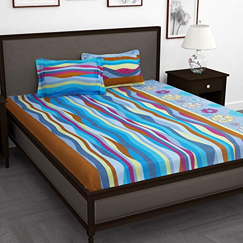 Image of Story@Home Abstract Waves Print Combed Cotton Elegant Luxury Designer King Size Bed Graceful 1 Pc Flat Sheet Bedsheet with 2 Pillow Covers (Sky Blue and Brown)