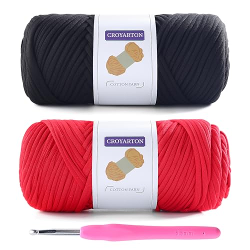 Image of 2 Pack T Shirt Yarn for Crocheting with 1 Crochet Hook, Elastic Tshirt Yarn for Crochet Bag /Baskets /Home Decor, Spaghetti Yarn Thick Knitting Yarn Total Length 130 Yds, Weight 14 Oz (Black+Red)