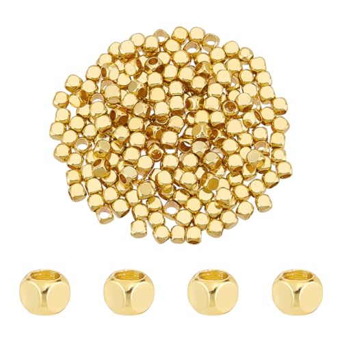 PH PandaHall 200 cuentas cúbicas chapadas en oro de 18 quilates, espaciadores de latón sin esquinas, cuentas de metal, pequeños espaciadores cuadrados sueltos para manualidades, pulseras, collares