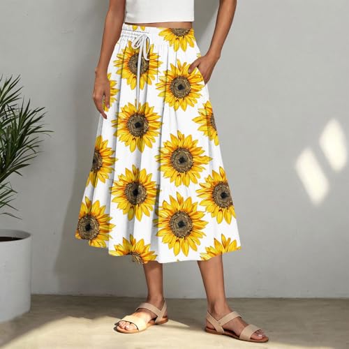 Women's High Elastic Waist Midi Skirts A Line Pleated Layered Boho Skirt with Pockets Flowy Loose Smocked Dress2