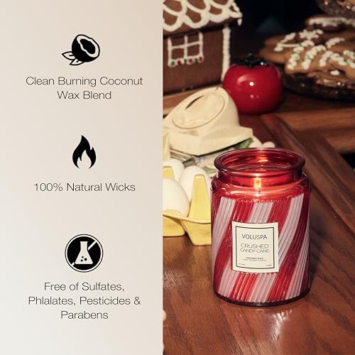 Image of Voluspa Crushed Candy Cane, Large Candle Jar, 18 oz, 100 Hour Burn Time, Coconut Wax for Clean Burning, Handcrafted in the USA