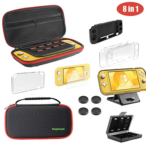 Nintendo Switch Lite ケース Molyhood ニンテンドースイッチライト8in1セット【収納ケース+シリコンカバー+クリスタルカバー+TPUカバー+Switch専用スタンド+ゲームカード収納ケース+保護フィルム×1+親指キャップ×4】軽量/大容量/防塵/防水/耐衝撃/持ち運び便利 収納バッグ