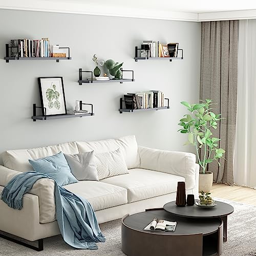 Image of Floating Shelves, 24 Inches Easy to Install Wall Mounted Shelves, Set of 3, Rustic Wood Shelves for Wall Decor, Storage Shelves for Living Room (Grey)