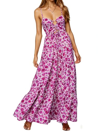 Image of Womens Summer Floral Spaghetti Strap Backless Low Cut Smocked Milkmaid Flowy Beach Sundresses