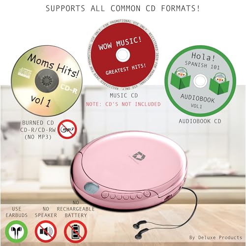Deluxe Products CD Player Portable with 60 Second Anti Skip, Stereo Earbuds, Includes Aux in Cable and AC USB Power Cable for use at Home or in Car. Pink by Deluxe Products - Image 2