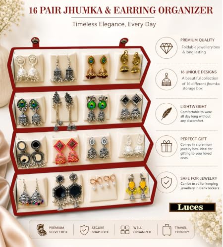 Image of LUCES Velvet 16 Pair Earrings Organizer Jewellery Box For Women and Girls Pack of 1 Cream