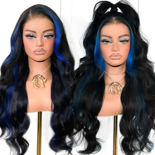 MITIMES Halloween 13x6 Dark Blue Skunk Stripe Glueless Lace Front Wigs Pre Plucked Synthetic Body Wave Wig Cosplay Wig Wear And Go Lace Front Wig For Black Women