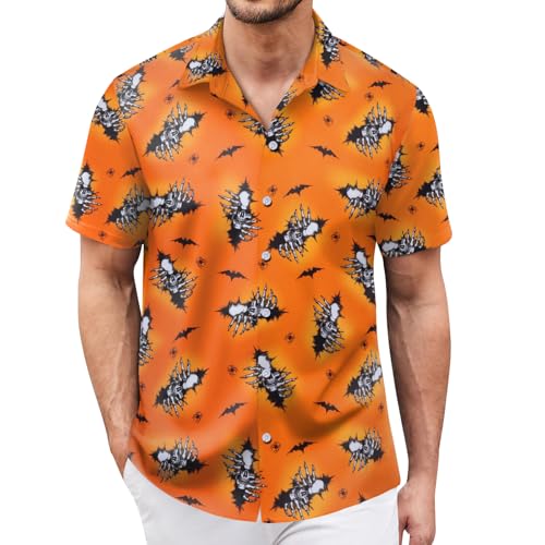 Halloween Button Down Shirt for Men Ghost Pumpkin Short Sleeve Printed Casual Tropical Hawaiian Spooky Party Shirt