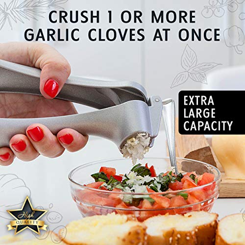 Bussani Garlic Crusher Press - Best Grips - No Need A Tube Peeler- Large Capacity - Heavy Duty Easy To Use & Clean - Great Gift For Kitchen Tool Lovers - Comes With 2 Cleaner Tool & Storage Bag #TOP2