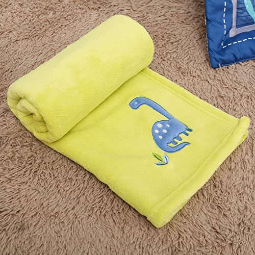 8 Pc Dinosaur Crib Bedding Set For Baby Boys, Blue Nursery Set With Quilt/Sheet/Dust Ruffle/Blanket/Diaper Stacker/3 Wall Stickers, (0363) #TOP6