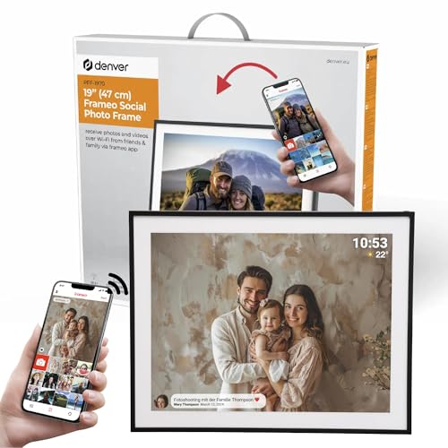Denver PFF-1970 Digitaler Wi-Fi Bilderrahmen – 19 Zoll Full HD IPS Touchscreen, Integrierte FRAMEO Software, Drahtloses Teilen, Timer-Funktion, 32GB Speicher, Schwarz