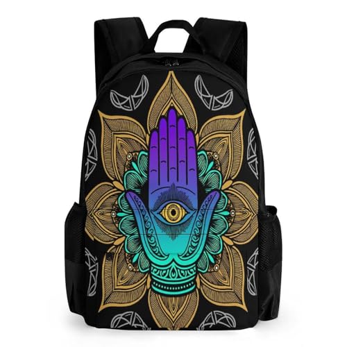 Supdreamc Men Women Polyester Multicolor Hamsa Hand Ornate Amulet Lotus Ethnic Indian Art Casual Daypack Large Capacity Carry On Bag With Adjustable Shoulder Straps for Camping Work Running